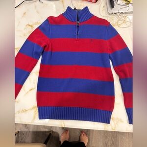Ralph Lauren Men's Striped Red and Blue Zip-Up Sweater